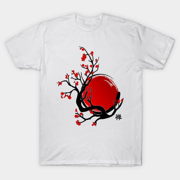 Zen Enso Circle, Sun and Red Sakura Blossom T-Shirt by Nartissima